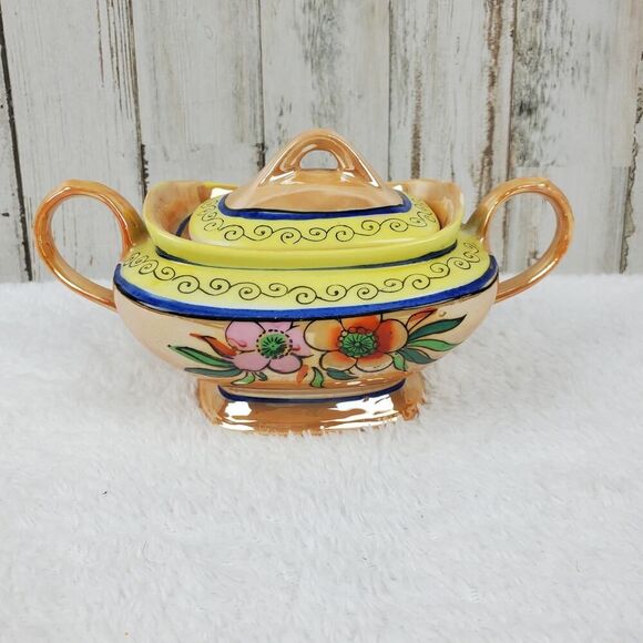 Lusterware Ceramic Floral Sugar Bowl with Lid Yellow Tan - Picture 1 of 6